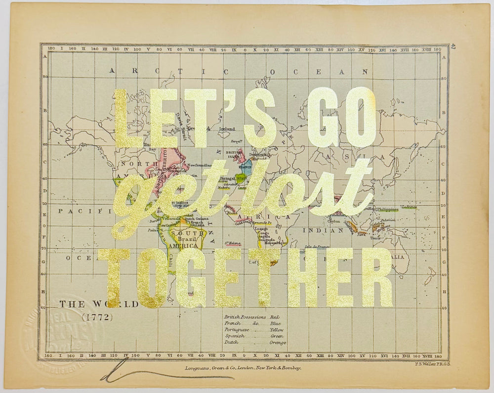 LET'S GO GET LOST TOGETHER SMALL GOLD LEAF ViNTAGE MAPS