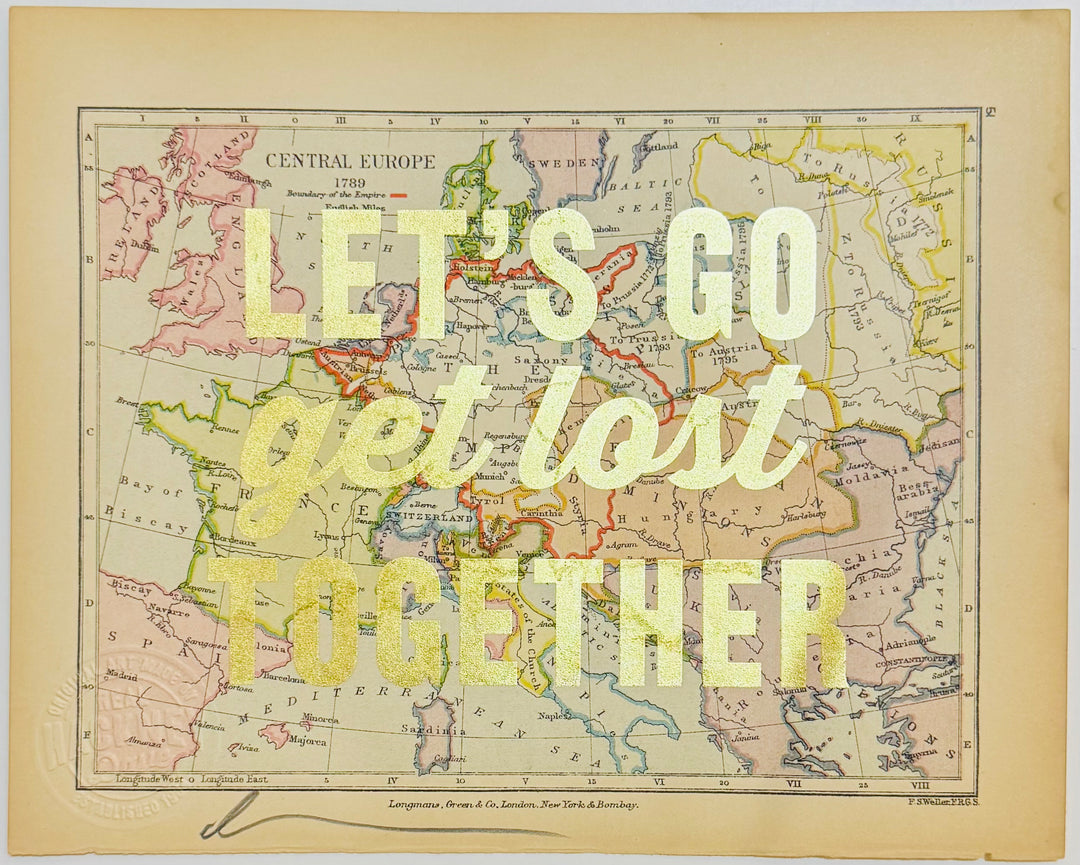 LET'S GO GET LOST TOGETHER SMALL GOLD LEAF ViNTAGE MAPS