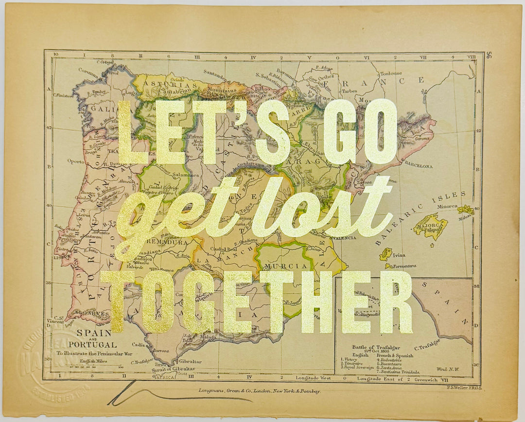 LET'S GO GET LOST TOGETHER SMALL GOLD LEAF ViNTAGE MAPS