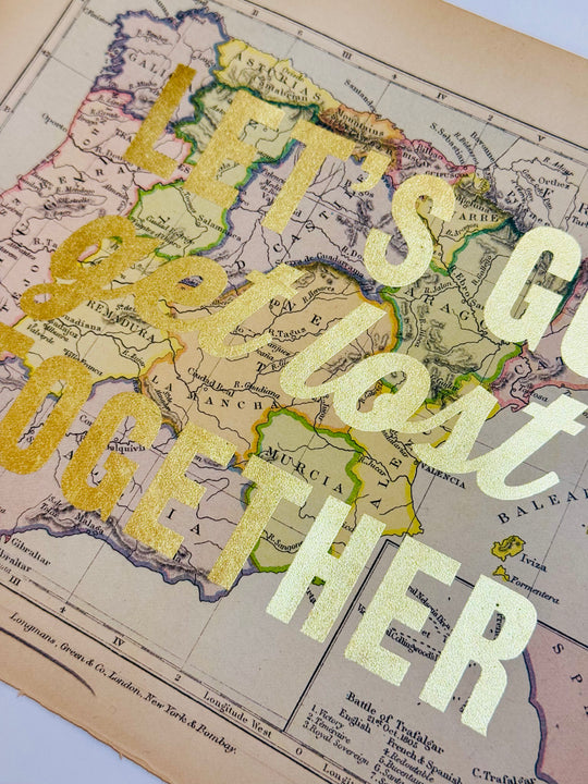 LET'S GO GET LOST TOGETHER SMALL GOLD LEAF ViNTAGE MAPS