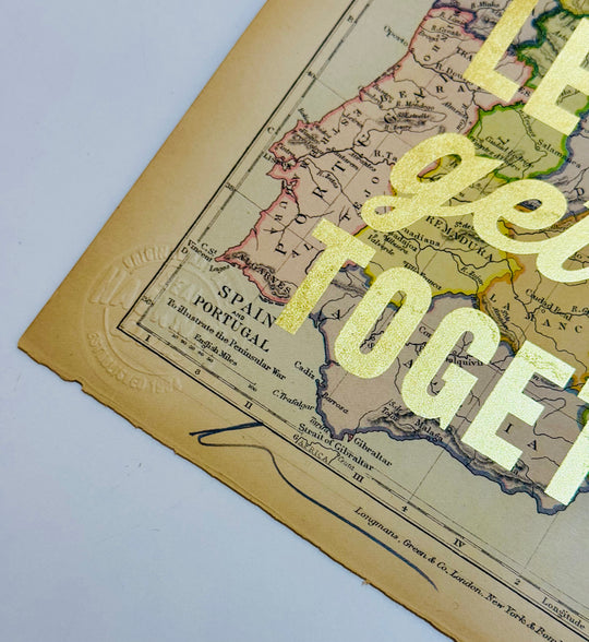 LET'S GO GET LOST TOGETHER SMALL GOLD LEAF ViNTAGE MAPS